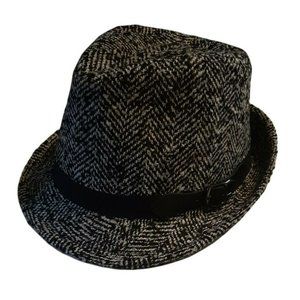 Fedora Black White Herringbone Part Wool Black Band